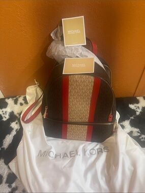 Michael Kors Brown & Red Signature Stripe Dome Backpack